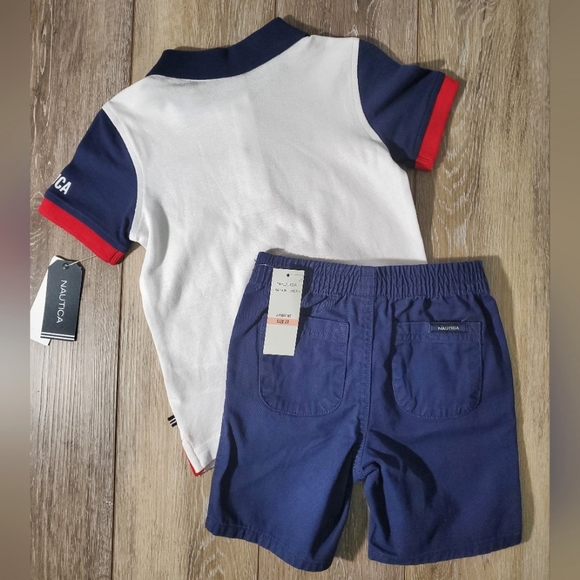 🇺🇲Nautica toddler boy's white, navy, red twill shorts and polo set Size 2T - Picture 3 of 11